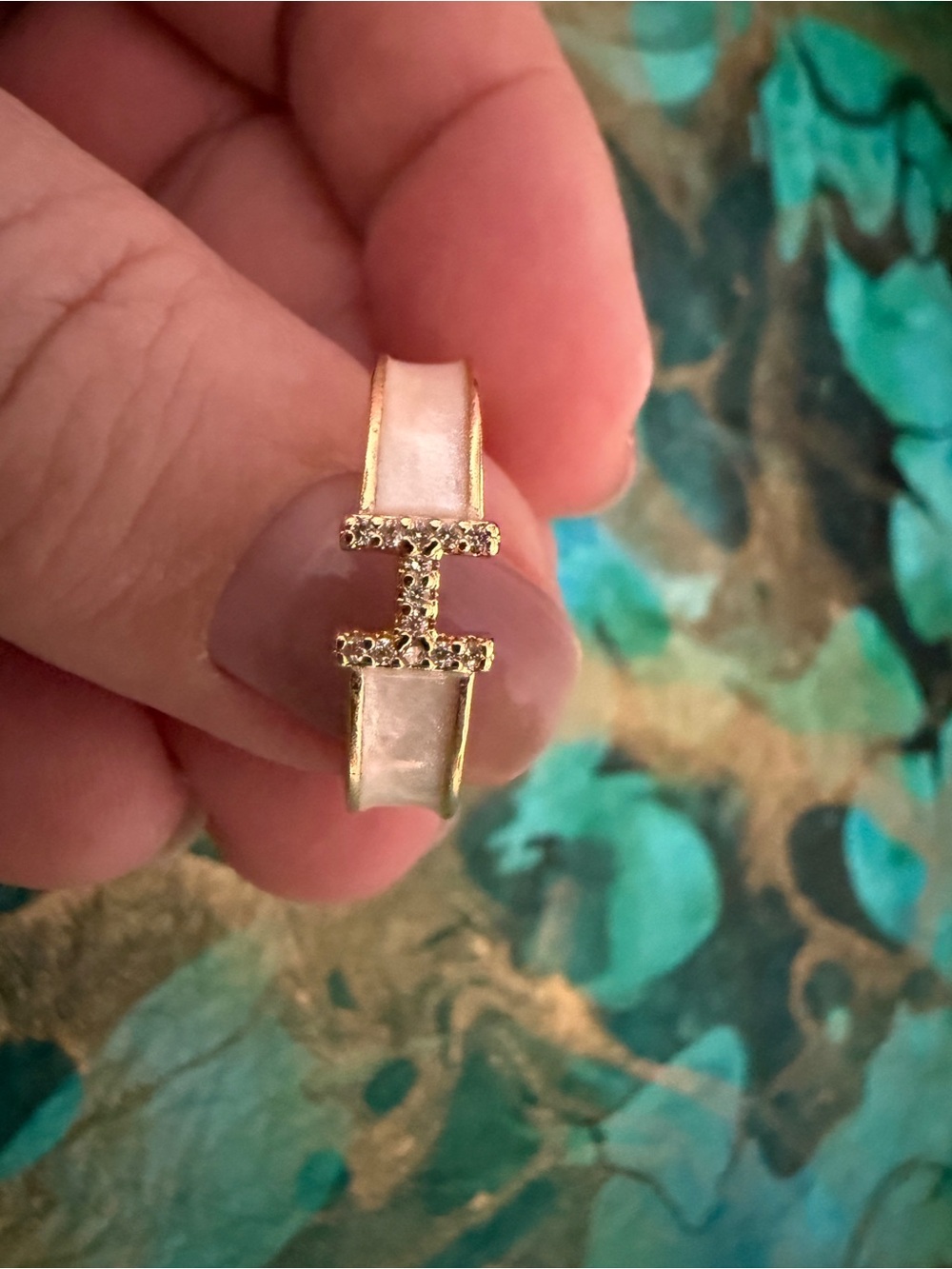 “H” Pave Set in Gold-tone and White Enamel Accent- Open Adjustable Ring - Picture 4 of 8